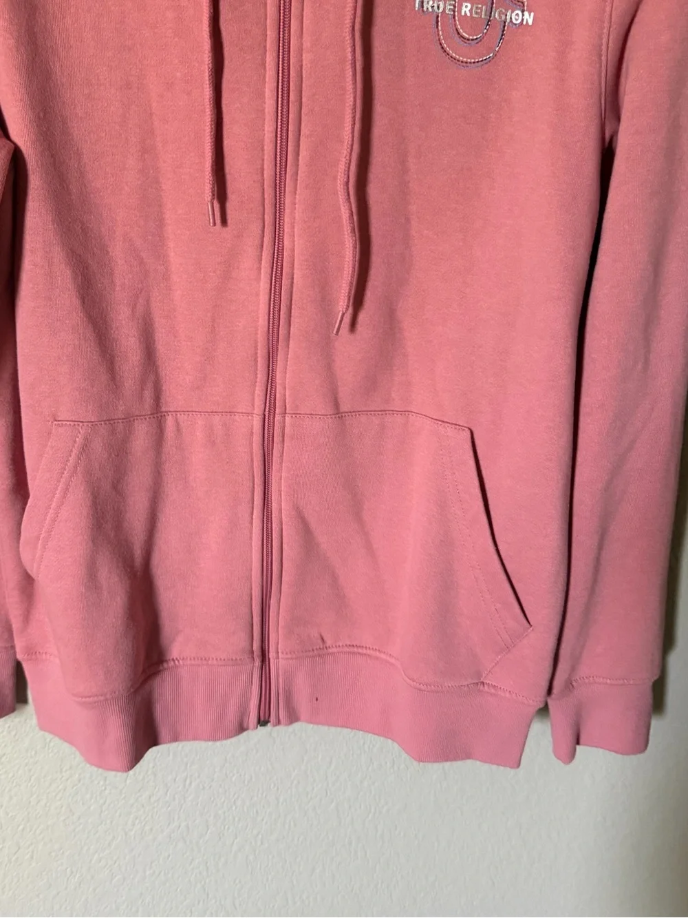 TRUE RELIGION Mens Medium Zip Up Hoodie Pink Brandied Apricot Pockets NWT $118
